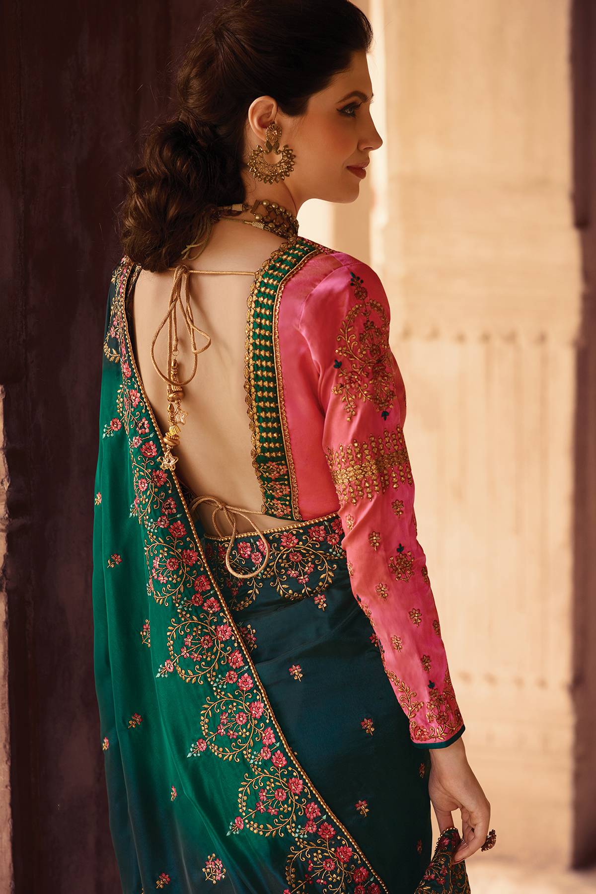 Green and Pink Designer Silk Sari