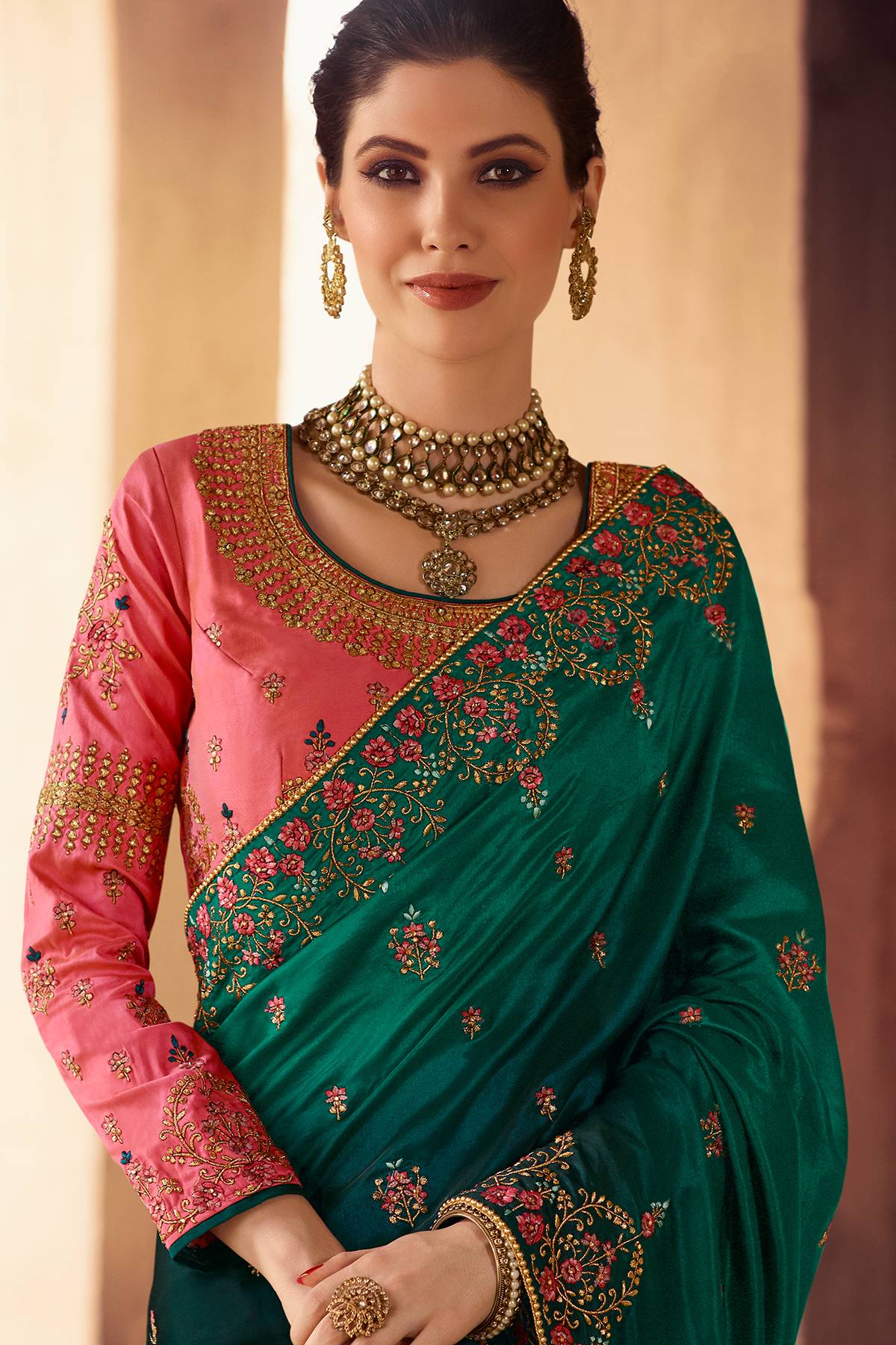Green and Pink Designer Silk Sari