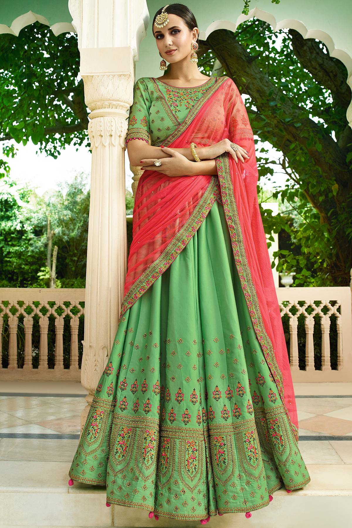 Green and Red Designer Silk Lehenga Choli