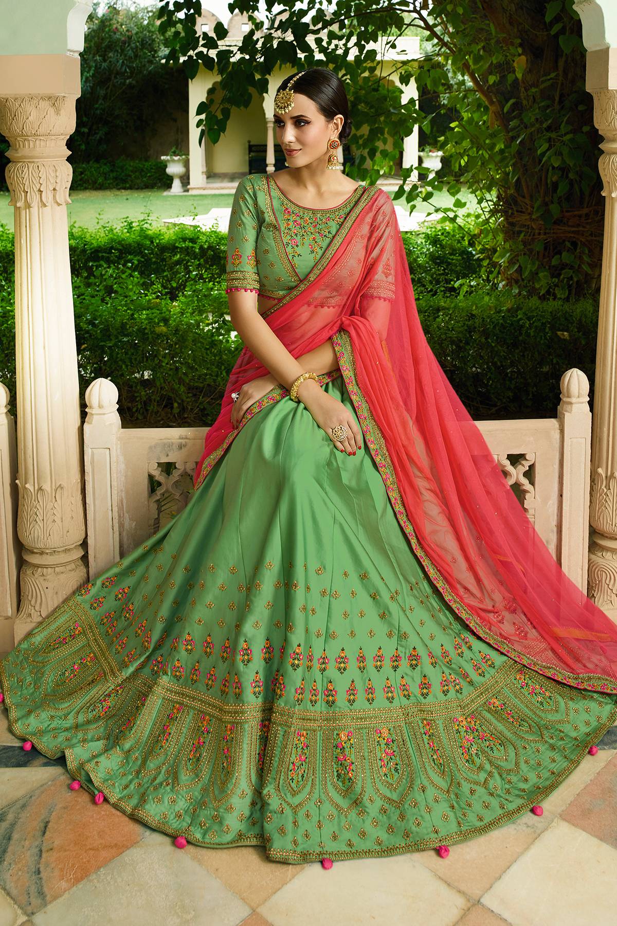 Green and Red Designer Silk Lehenga Choli