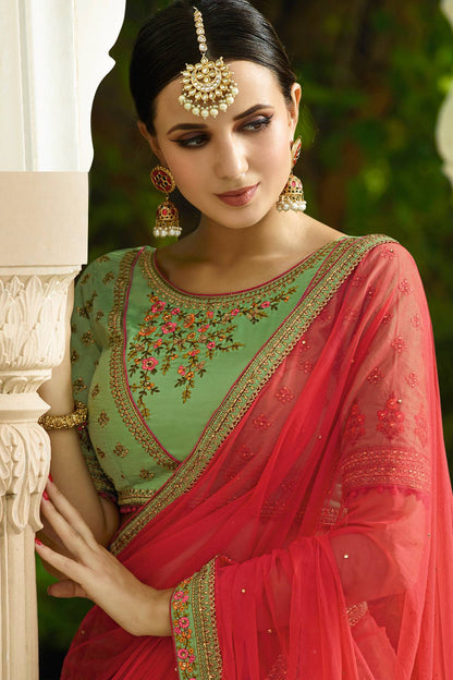 Green and Red Designer Silk Lehenga Choli