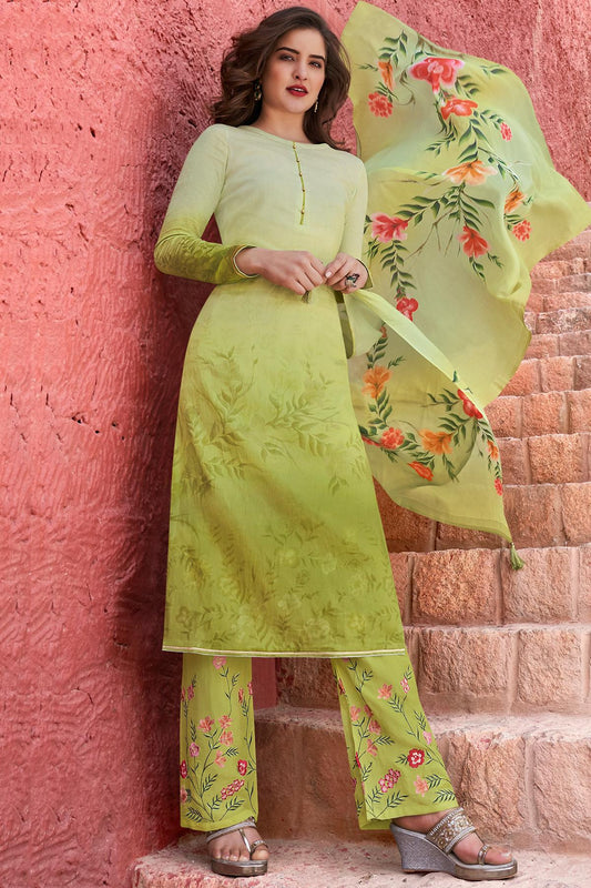Green Casual Cotton Cotton Straight Suit