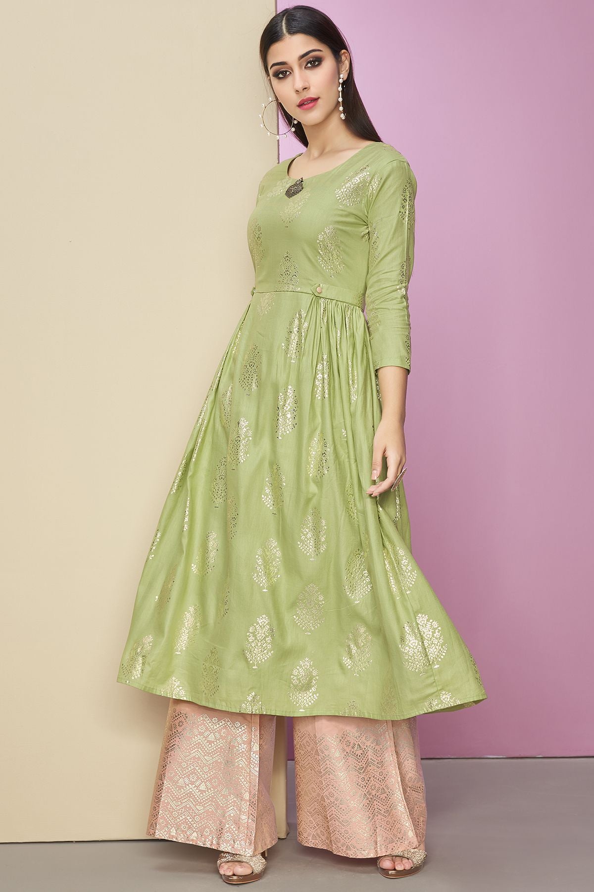 Green Designer Cotton Satin Kurti With Palazzo