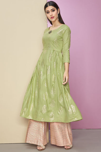 Green Designer Cotton Satin Kurti With Palazzo