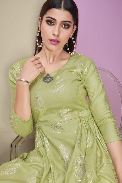 Green Designer Cotton Satin Kurti With Palazzo