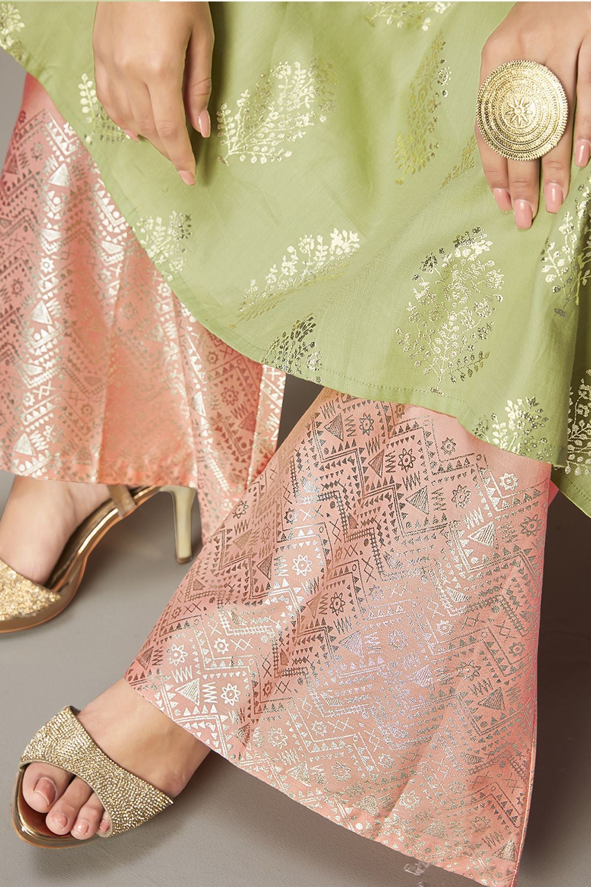 Green Designer Cotton Satin Kurti With Palazzo