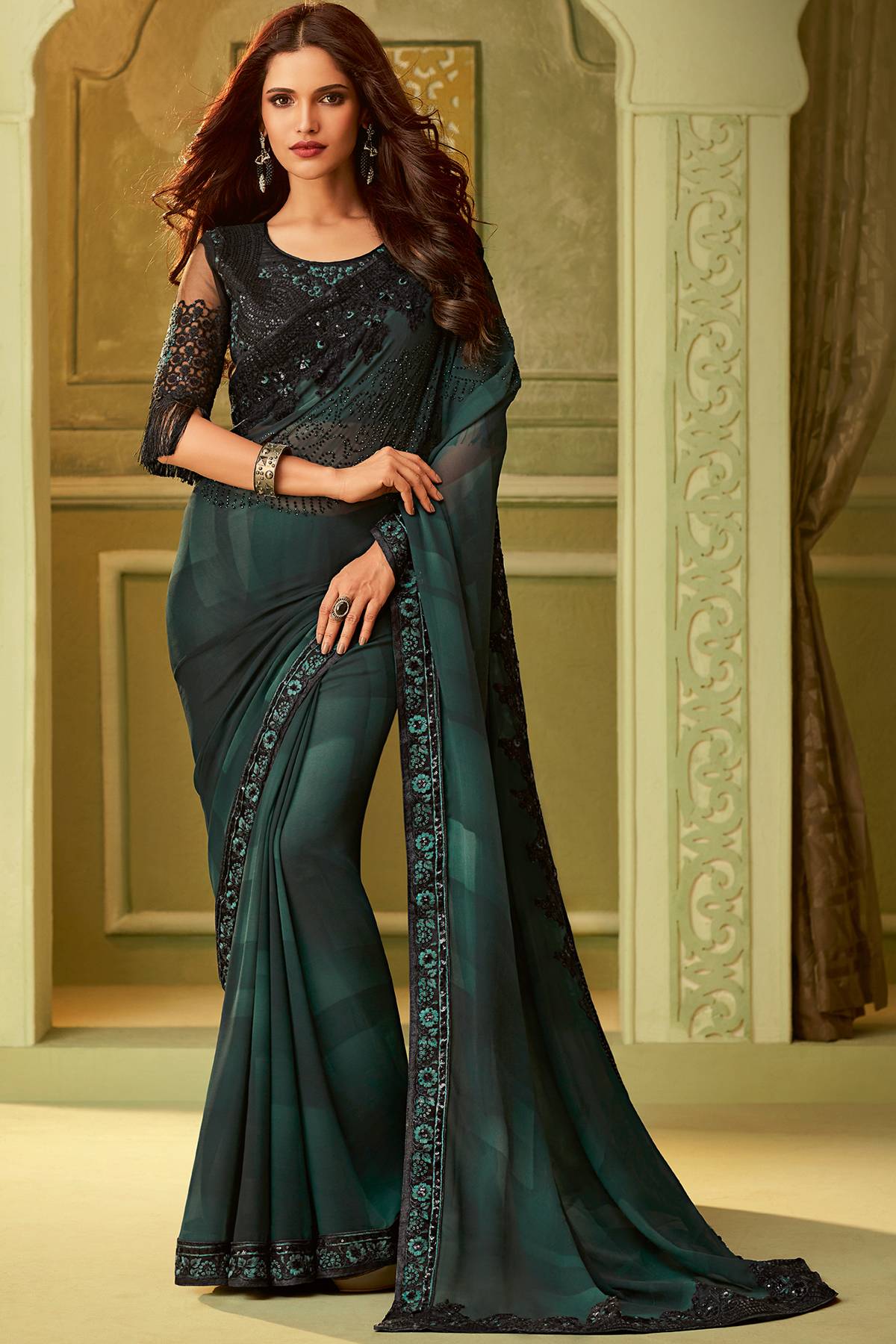 Green Designer Embroiderd Silk Sari