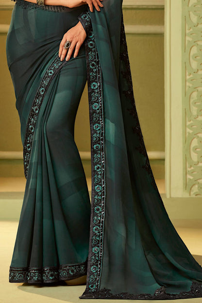 Green Designer Embroiderd Silk Sari