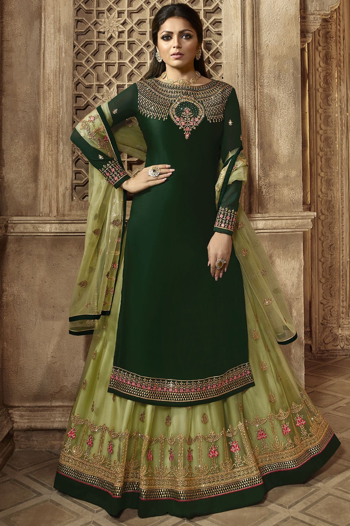 Green Designer Embroidered Lehenga Kurti Set