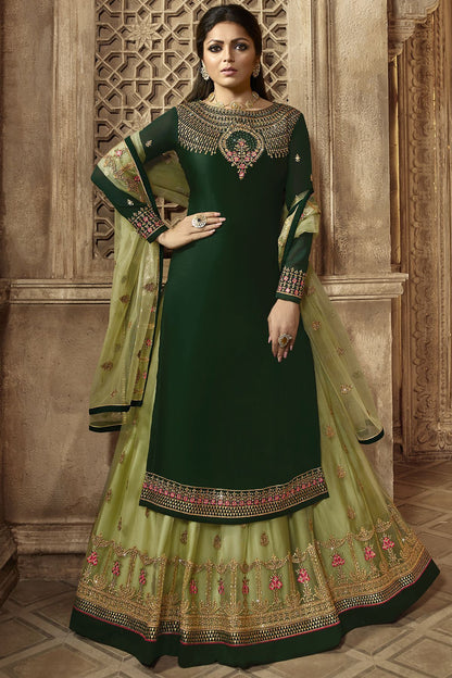Green Designer Embroidered Lehenga Kurti Set