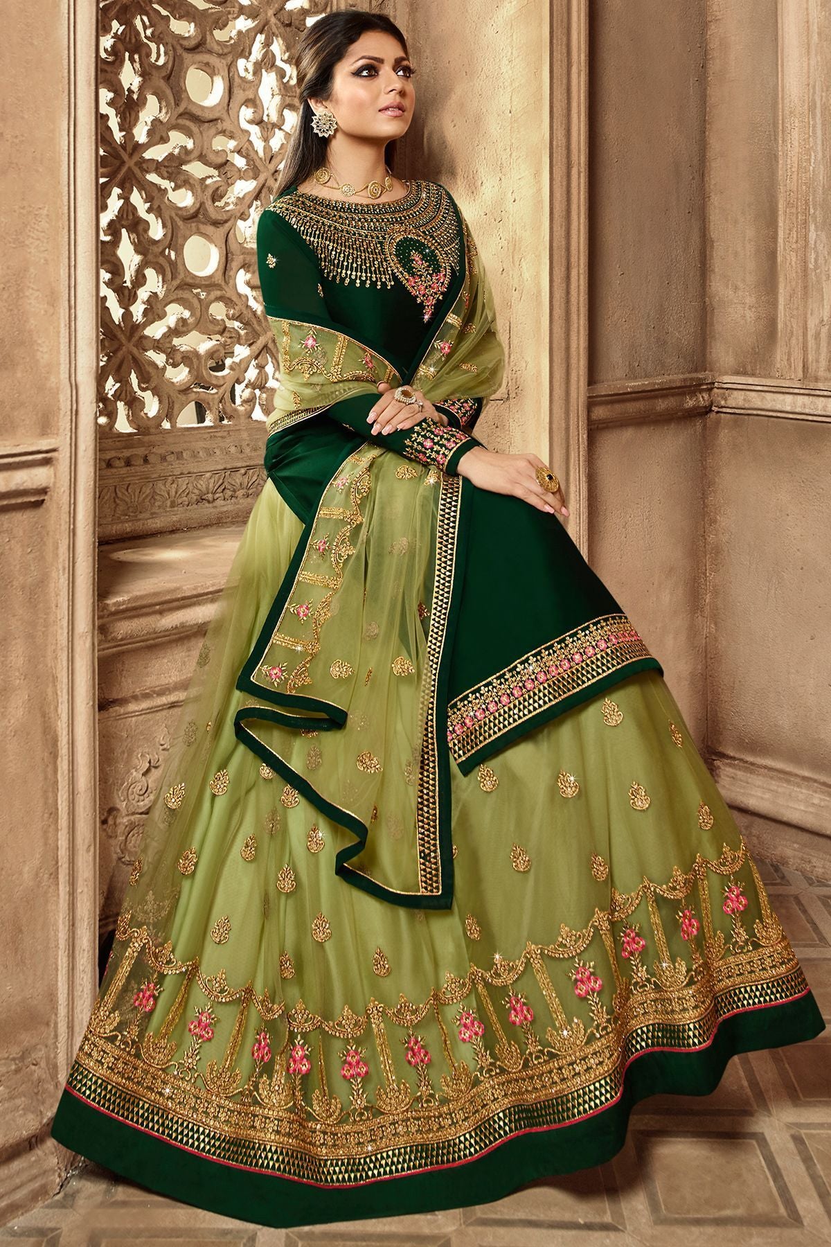 Green Designer Embroidered Lehenga Kurti Set