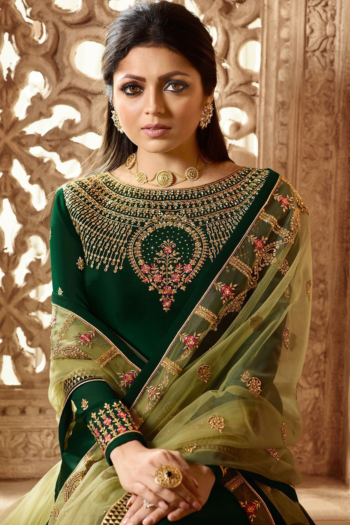 Green Designer Embroidered Lehenga Kurti Set