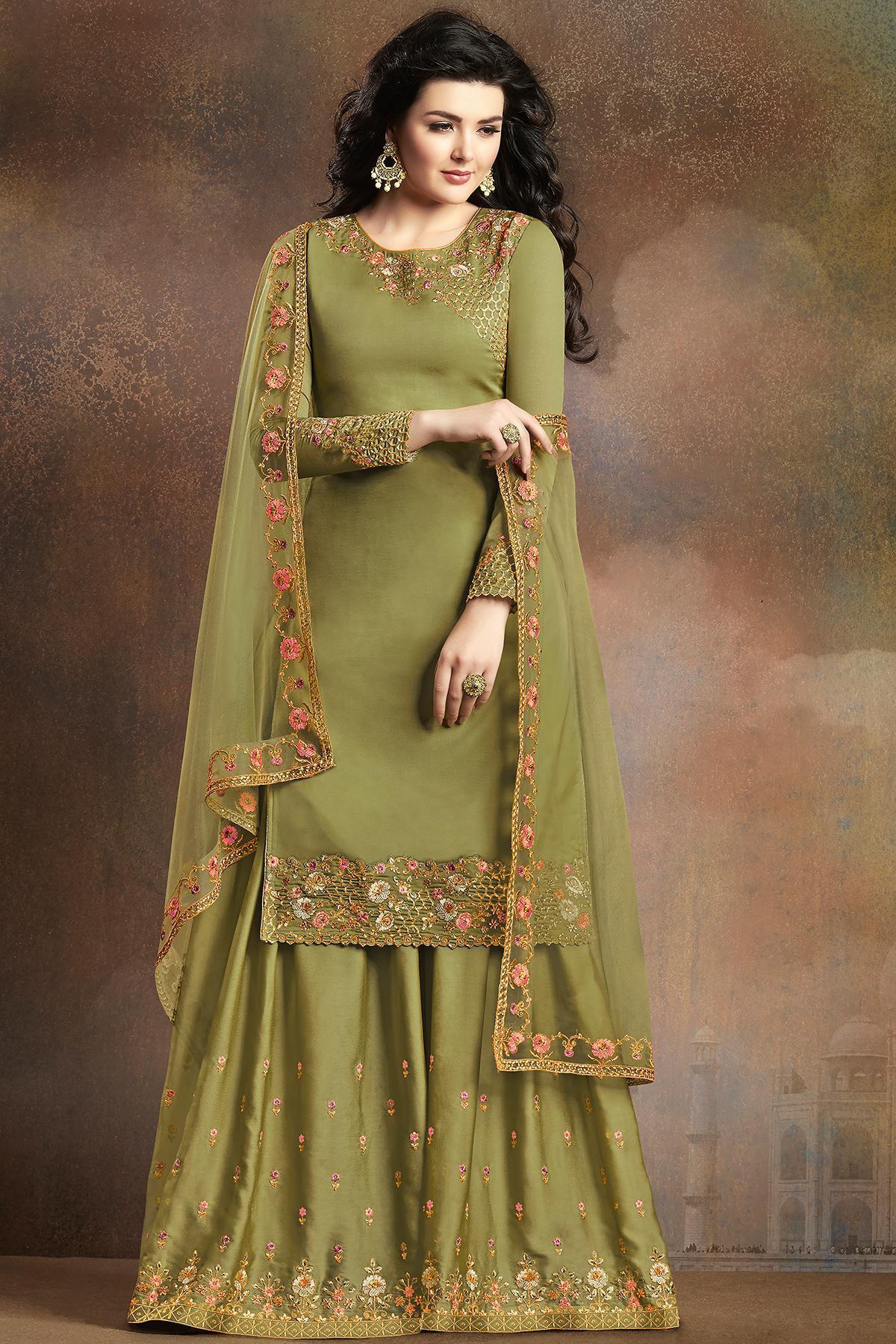Green Designer Embroidered Silk Sharara Suit