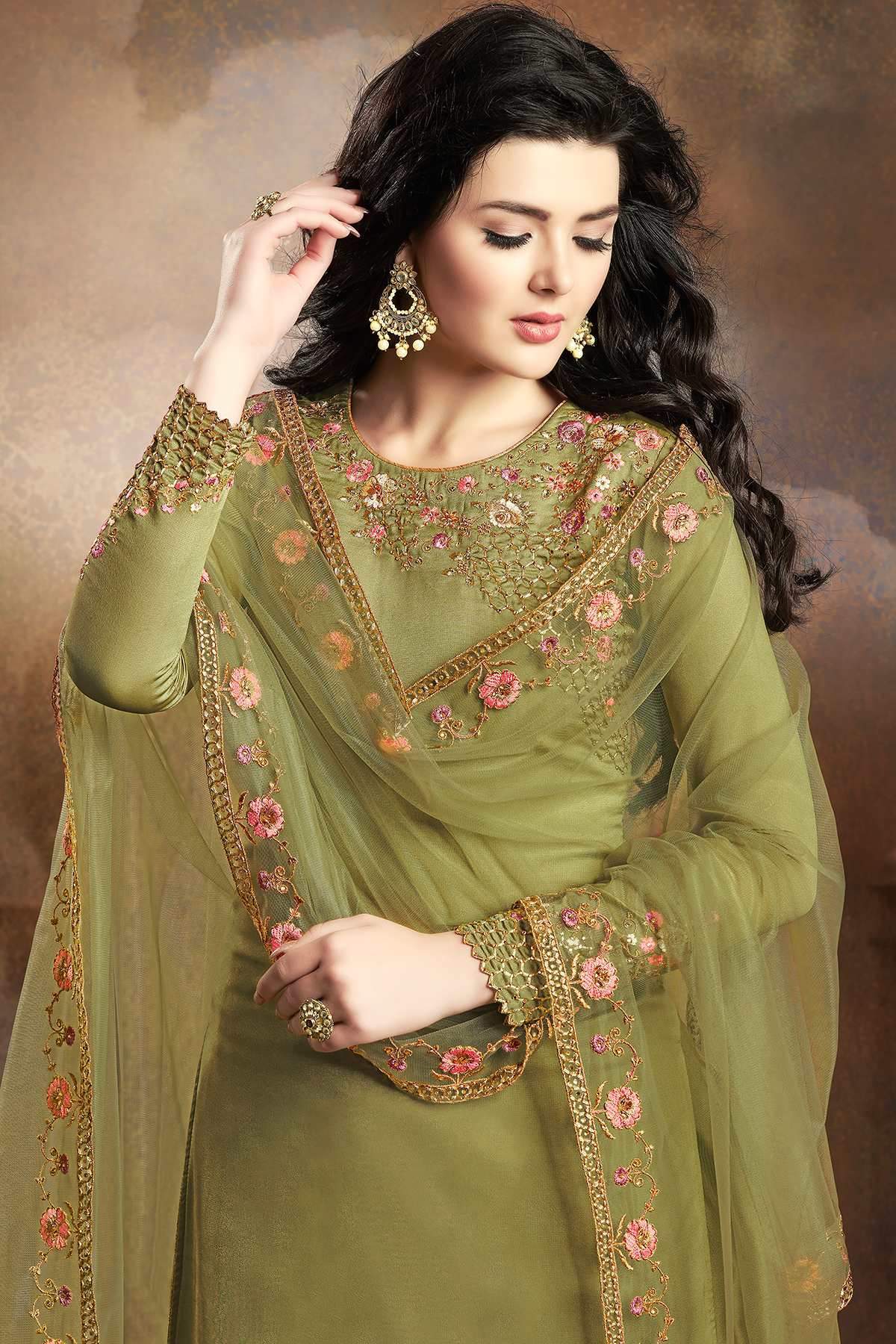 Green Designer Embroidered Silk Sharara Suit