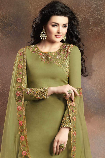 Green Designer Embroidered Silk Sharara Suit