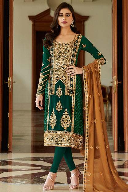 Green Designer Georgette Straight Suit