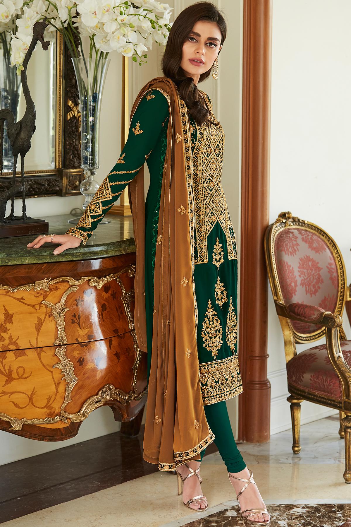 Green Designer Georgette Straight Suit