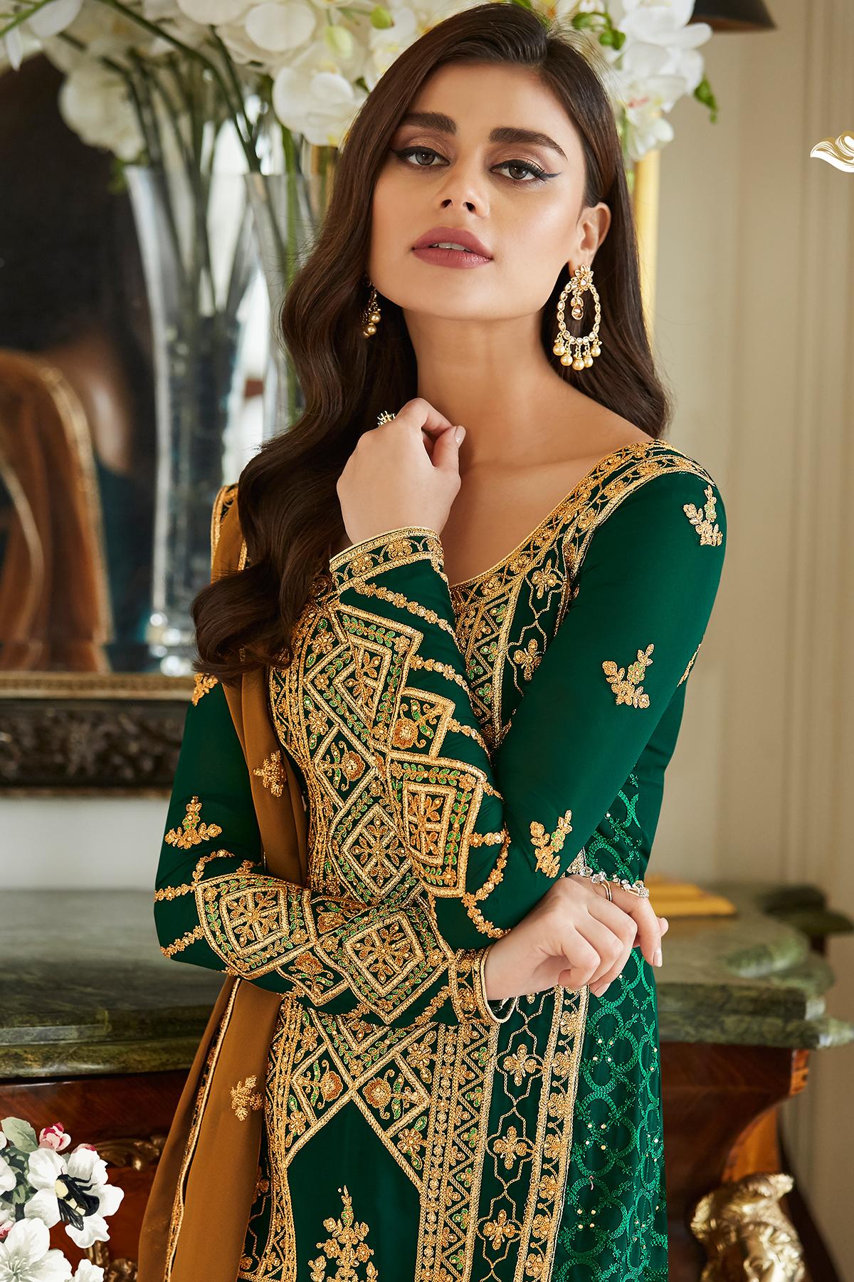Green Designer Georgette Straight Suit