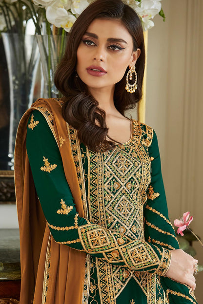 Green Designer Georgette Straight Suit