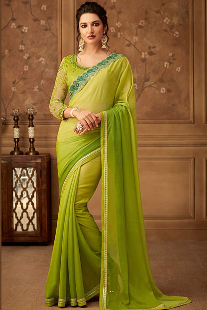 Green Designer Party Wear Chiffon Sari