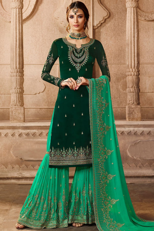 Green Embroidered Georgette Palazzo Suit