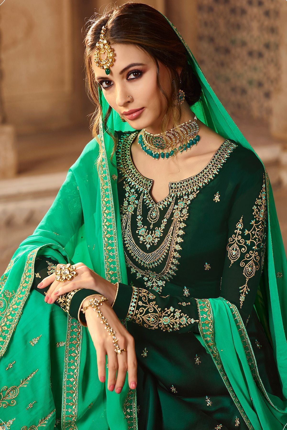 Green Embroidered Georgette Palazzo Suit