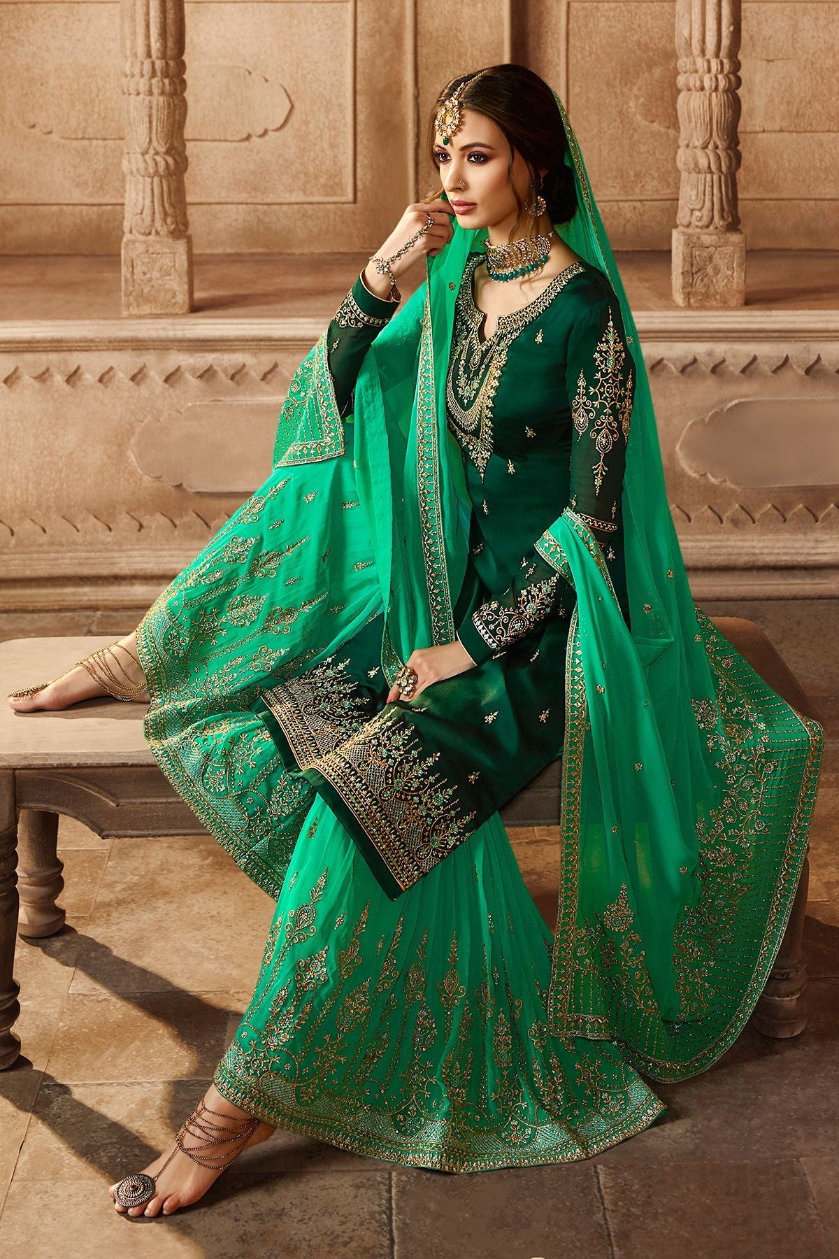 Green Embroidered Georgette Palazzo Suit