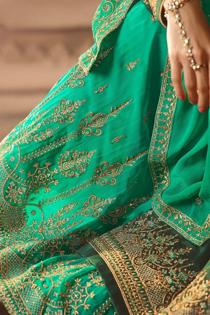 Green Embroidered Georgette Palazzo Suit