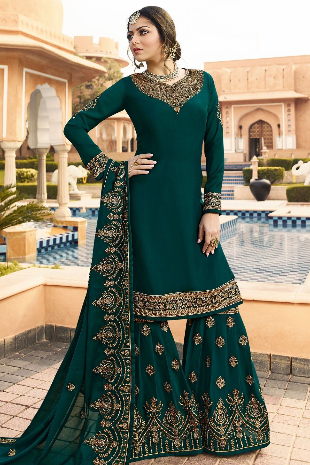 Green Embroidered Party Wear Sharara Suit