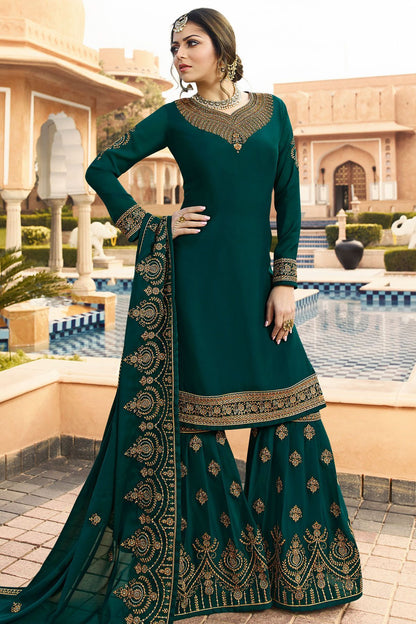 Green Embroidered Party Wear Sharara Suit