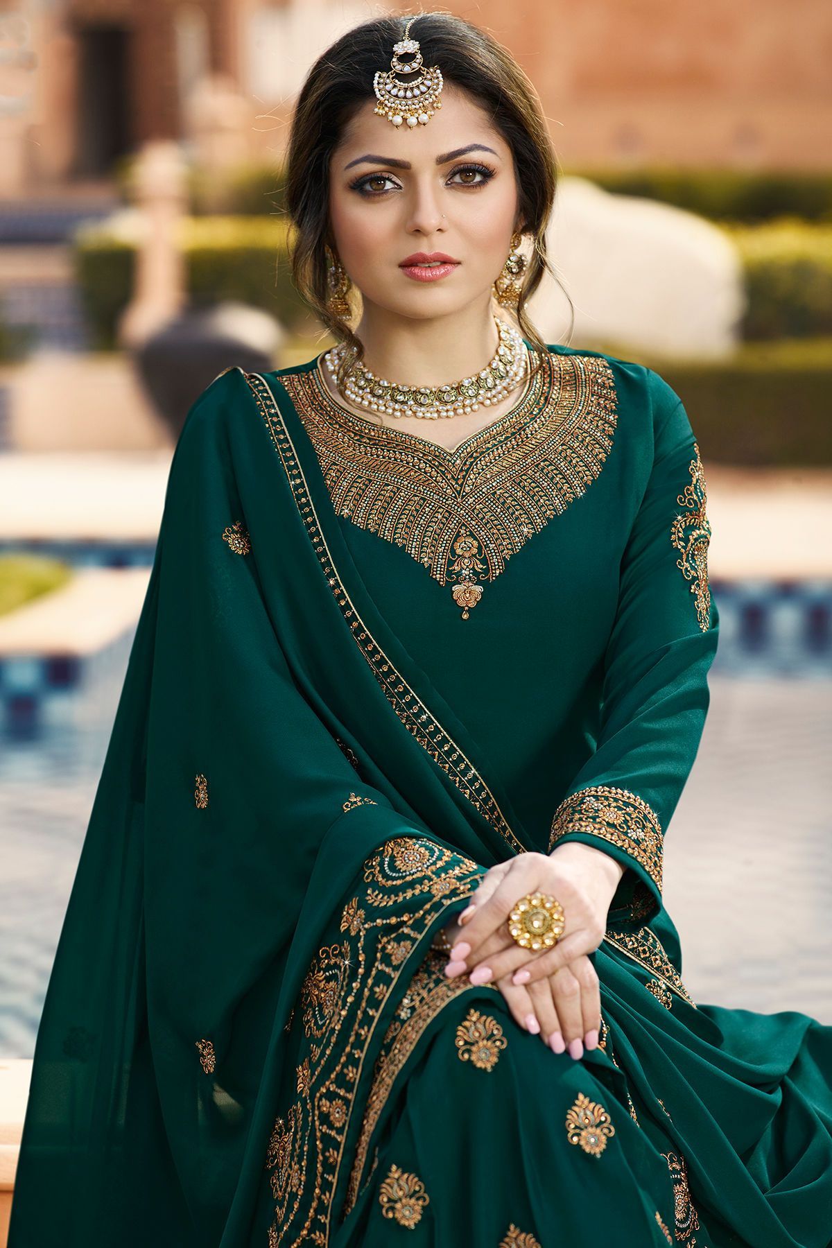 Green Embroidered Party Wear Sharara Suit