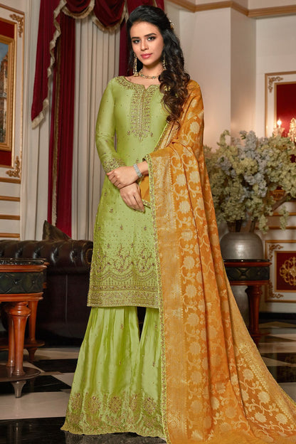 Green Georgette Embroidered Sharara Suit