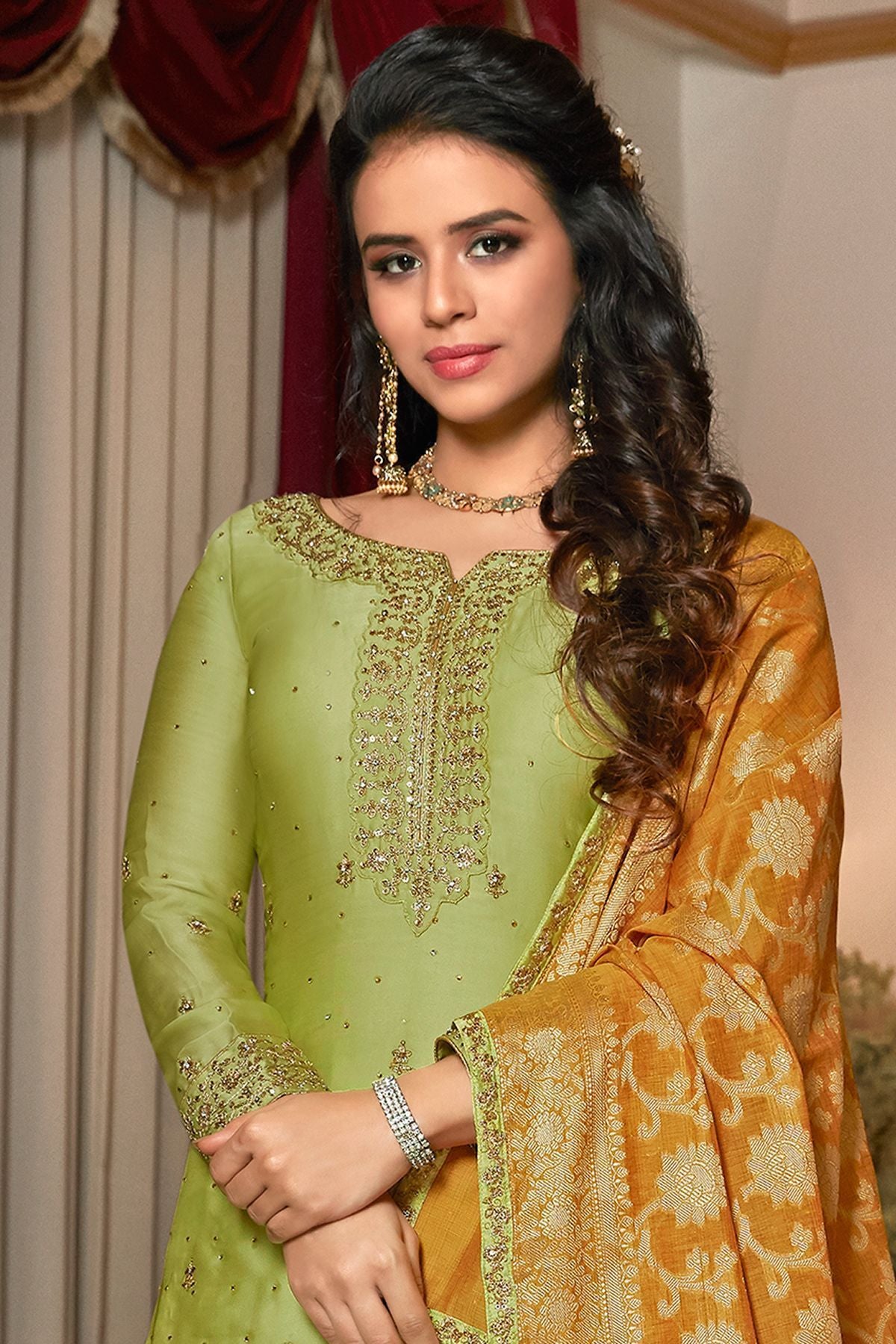 Green Georgette Embroidered Sharara Suit