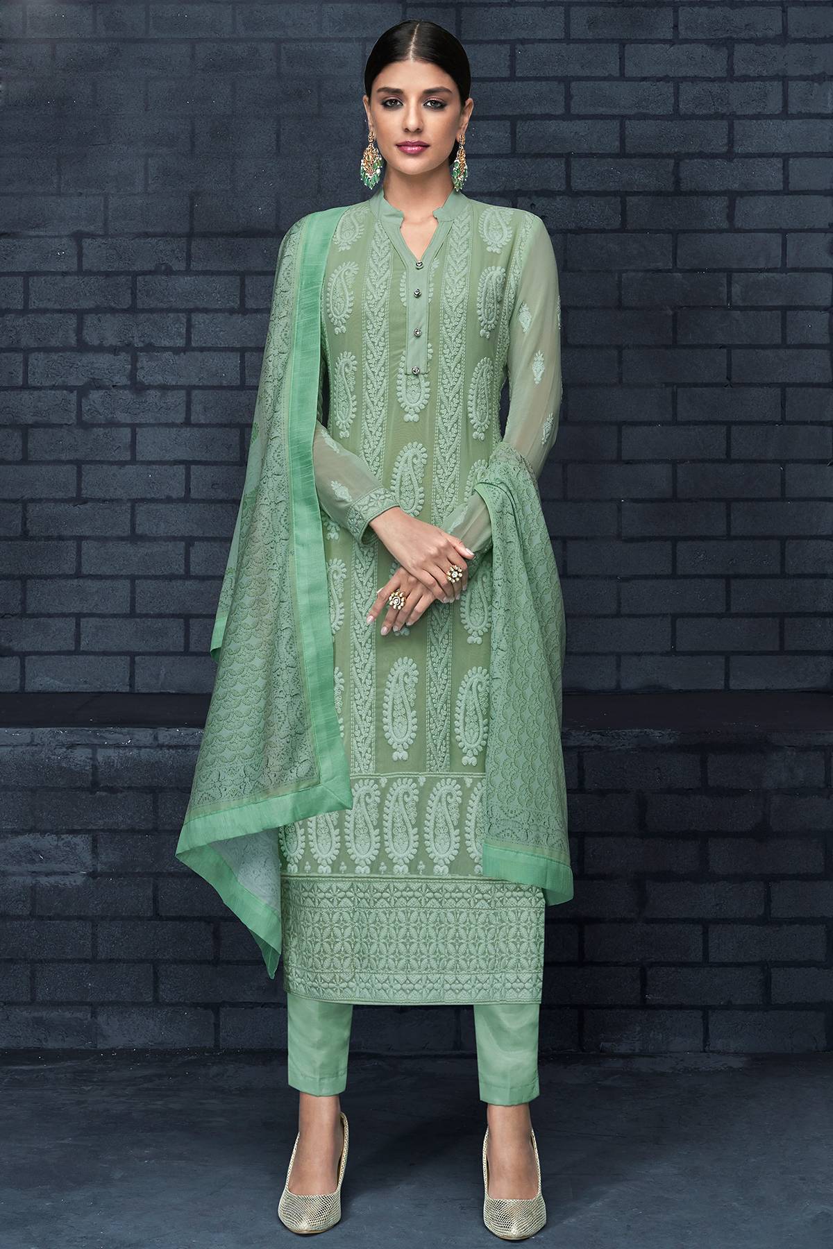 Green Georgette Lakhnavi Straight Suit