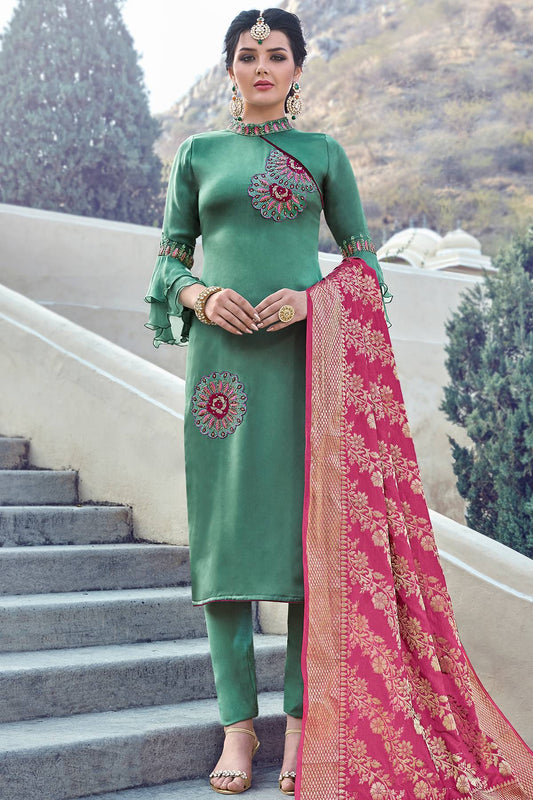 Green Satin Georgette Straight Suit