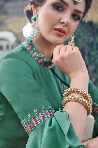 Green Satin Georgette Straight Suit