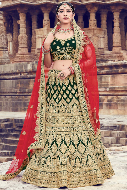 Green Velvet Bridal Lehenga Choli