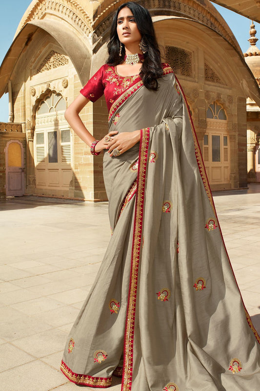 Grey and Candy Red Dola Silk Sari
