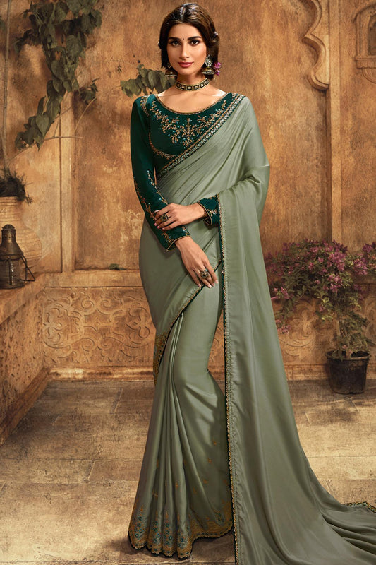 Grey And Light Green Designer Silk Sari