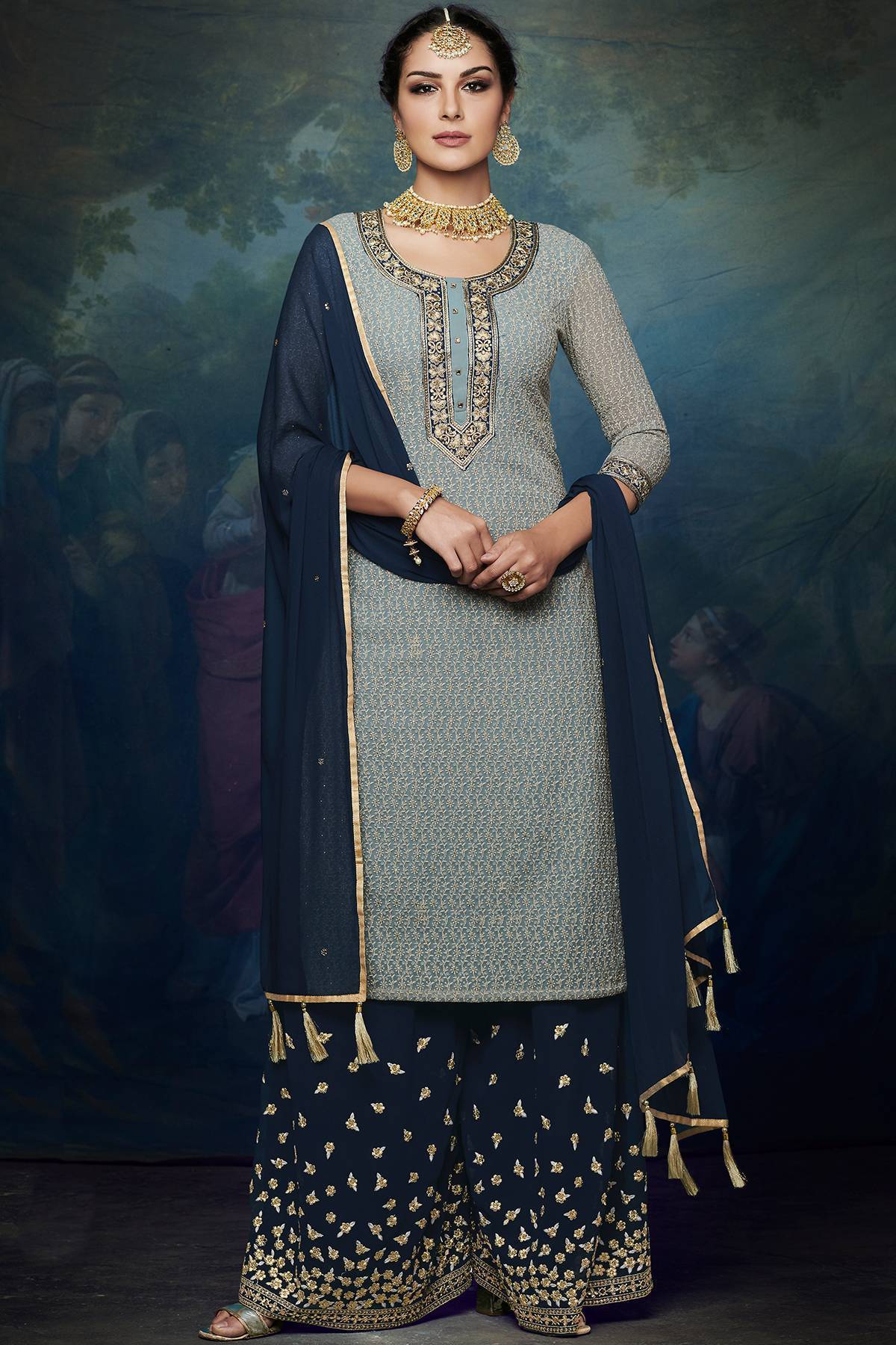 Grey And Navy Blue embroidered Palazzo Suit
