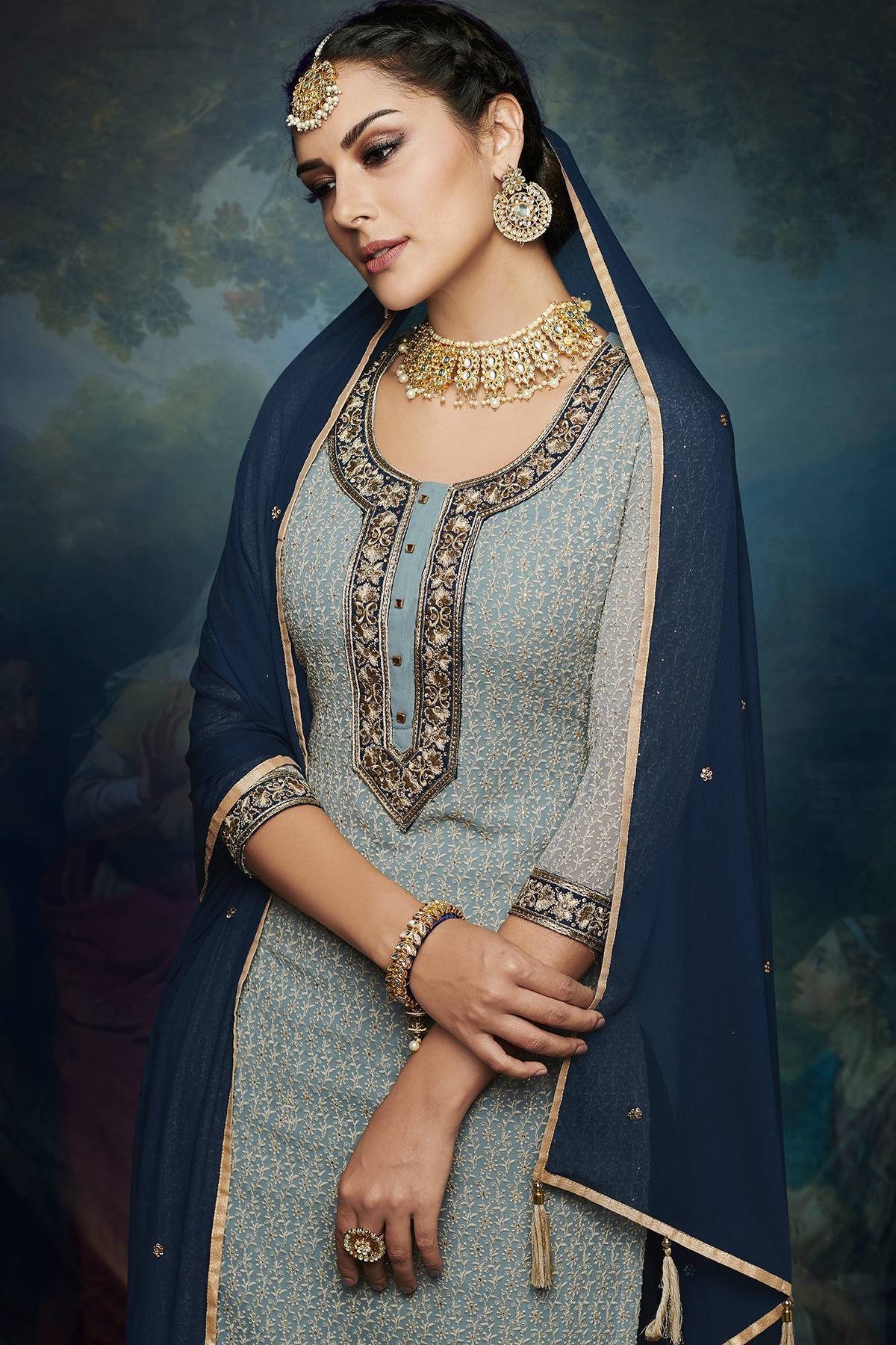 Grey And Navy Blue embroidered Palazzo Suit