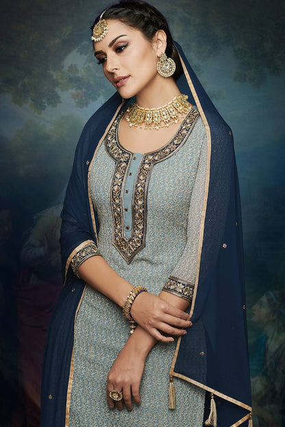 Grey And Navy Blue embroidered Palazzo Suit