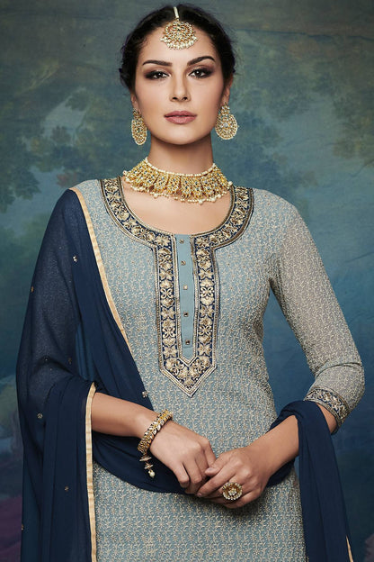 Grey And Navy Blue embroidered Palazzo Suit