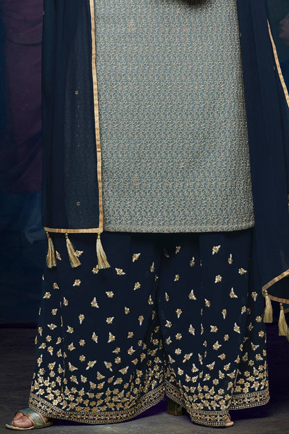 Grey And Navy Blue embroidered Palazzo Suit