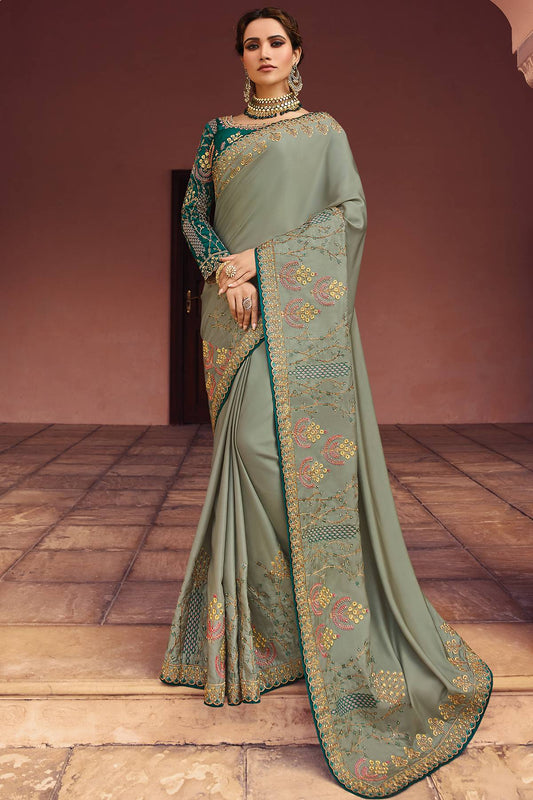 Grey and Ocean Blue Designer Silk Sari
