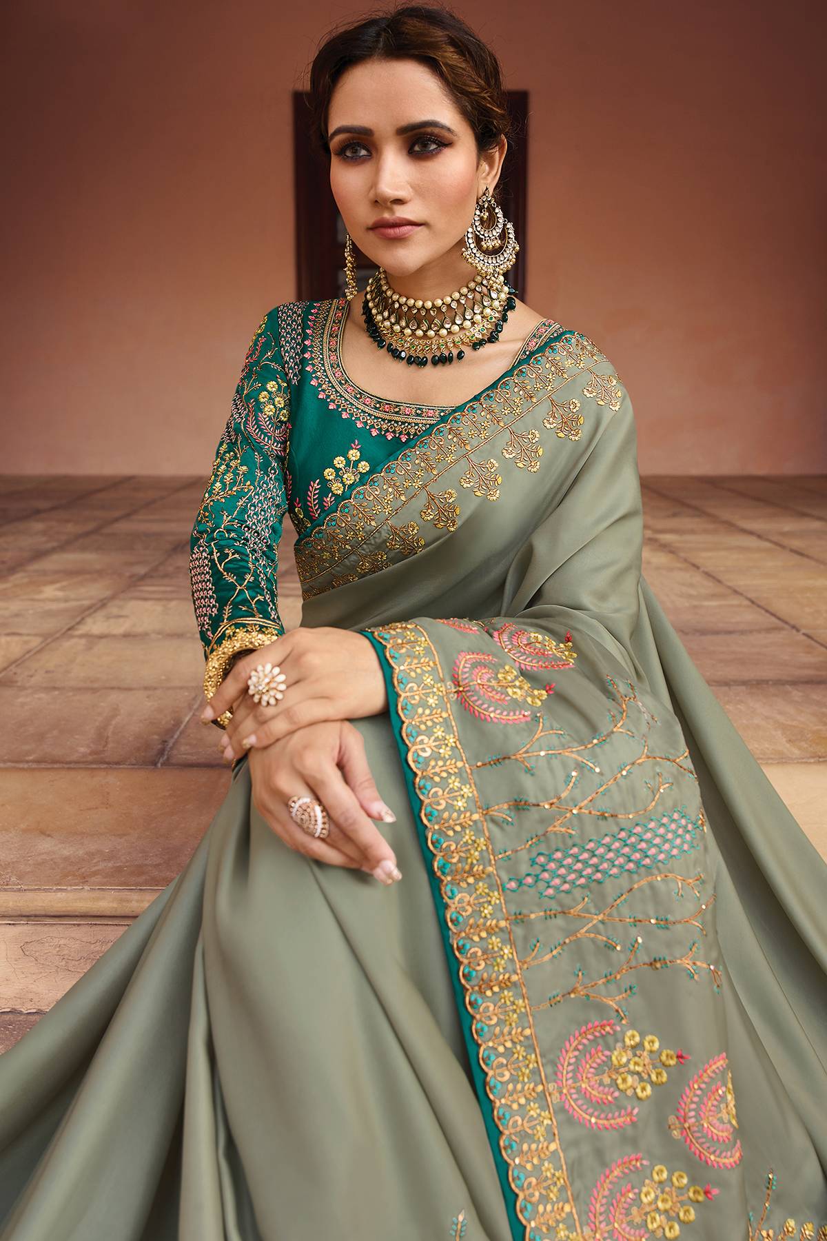 Grey and Ocean Blue Designer Silk Sari