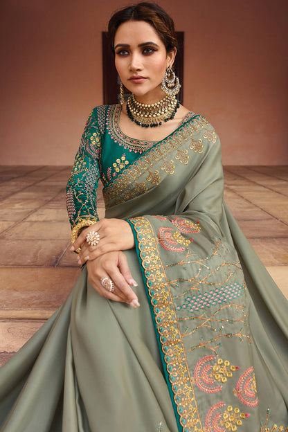 Grey and Ocean Blue Designer Silk Sari