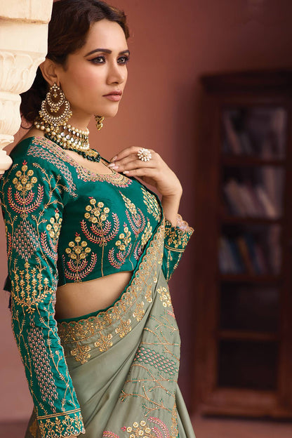Grey and Ocean Blue Designer Silk Sari