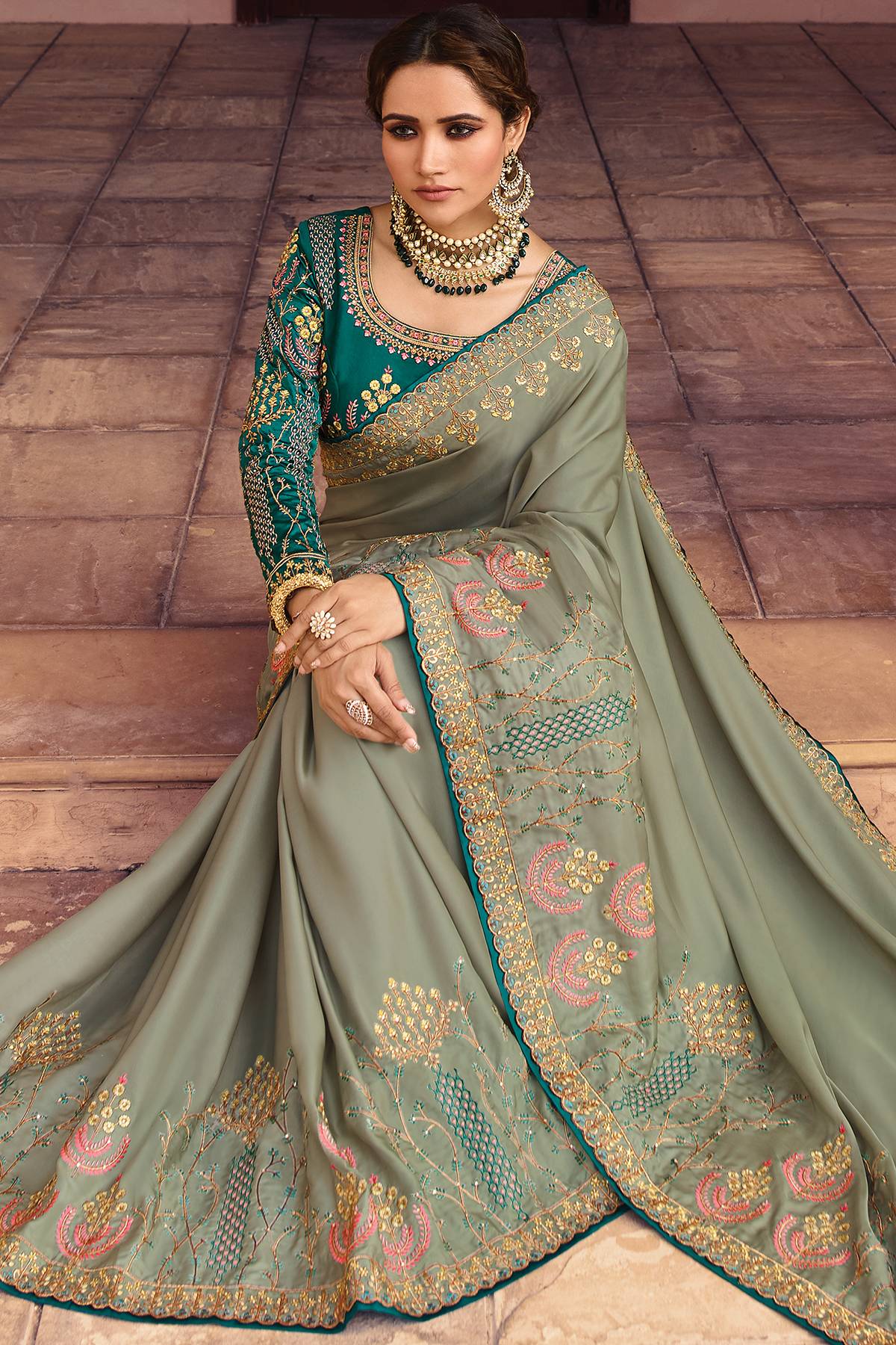 Grey and Ocean Blue Designer Silk Sari
