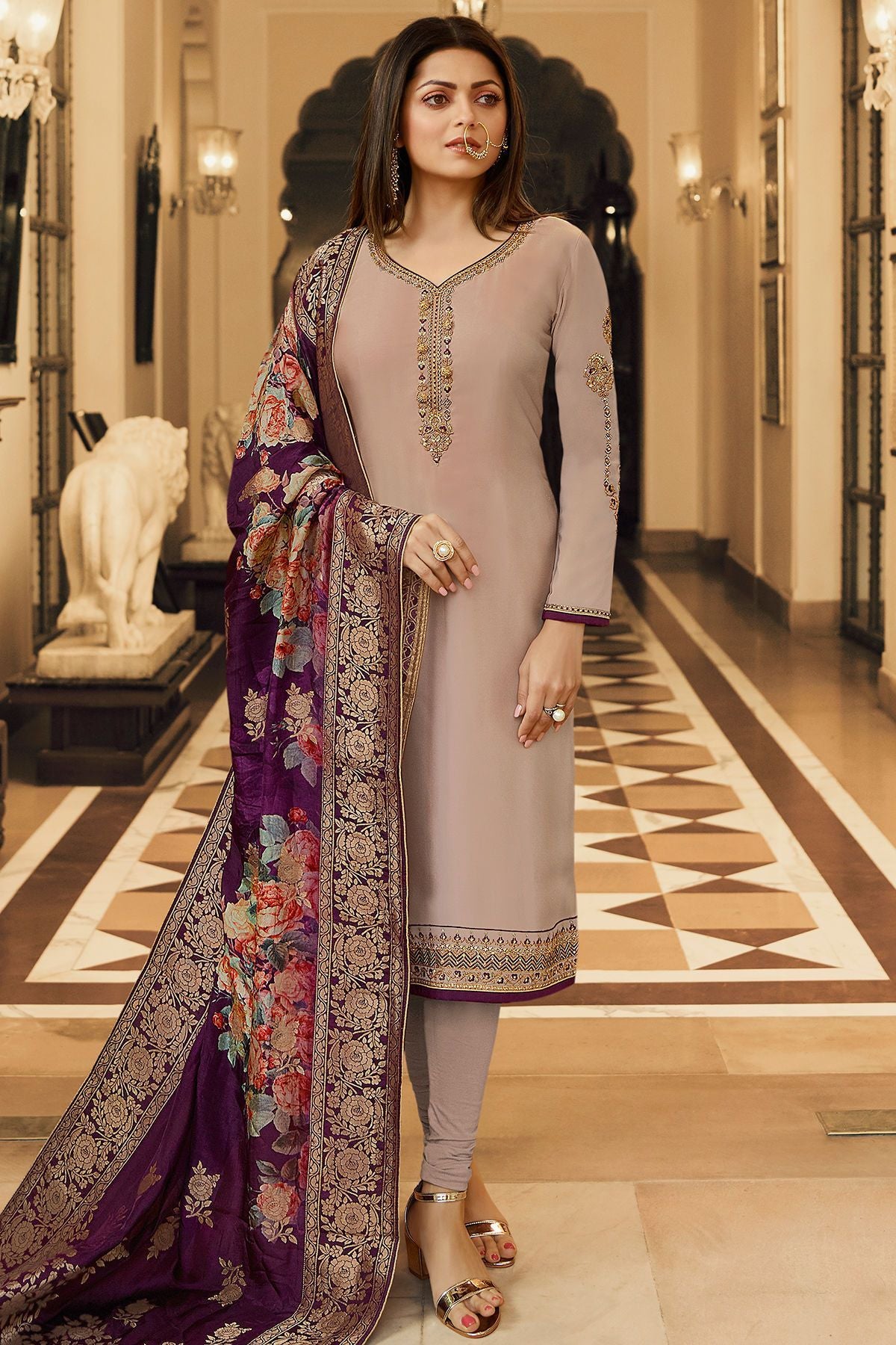 Grey and Purple Georgette Casual Straight Suit